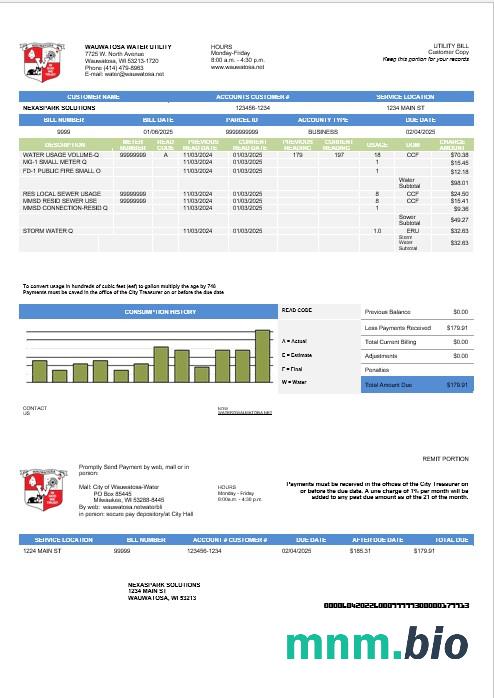 USA Wawatosa Water Utility rachunek za usługi komunalne szablon w formacie Word i PDF